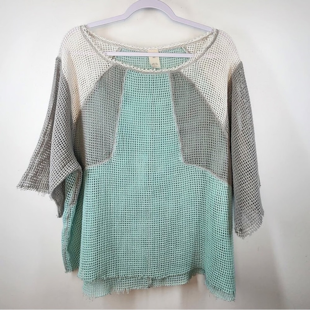 Free People Blue and Gray Mesh Blouse